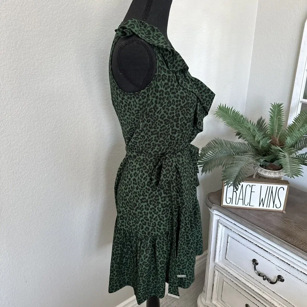 Micahel Kors Green Leopard Sleeveless Tunic Blouse Top Women's Size 2 Ruffle‎